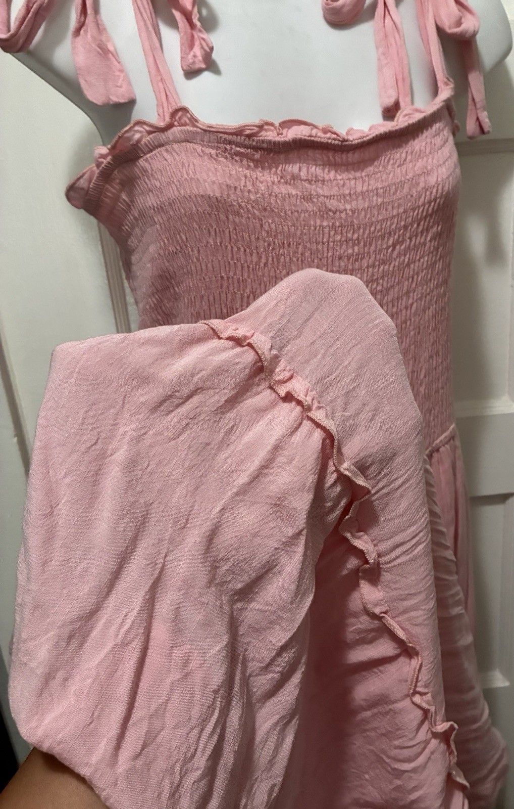 Barbie Pink Ruffled Tiered Peasant Smocked Sundress Bow Straps Lined Dress L