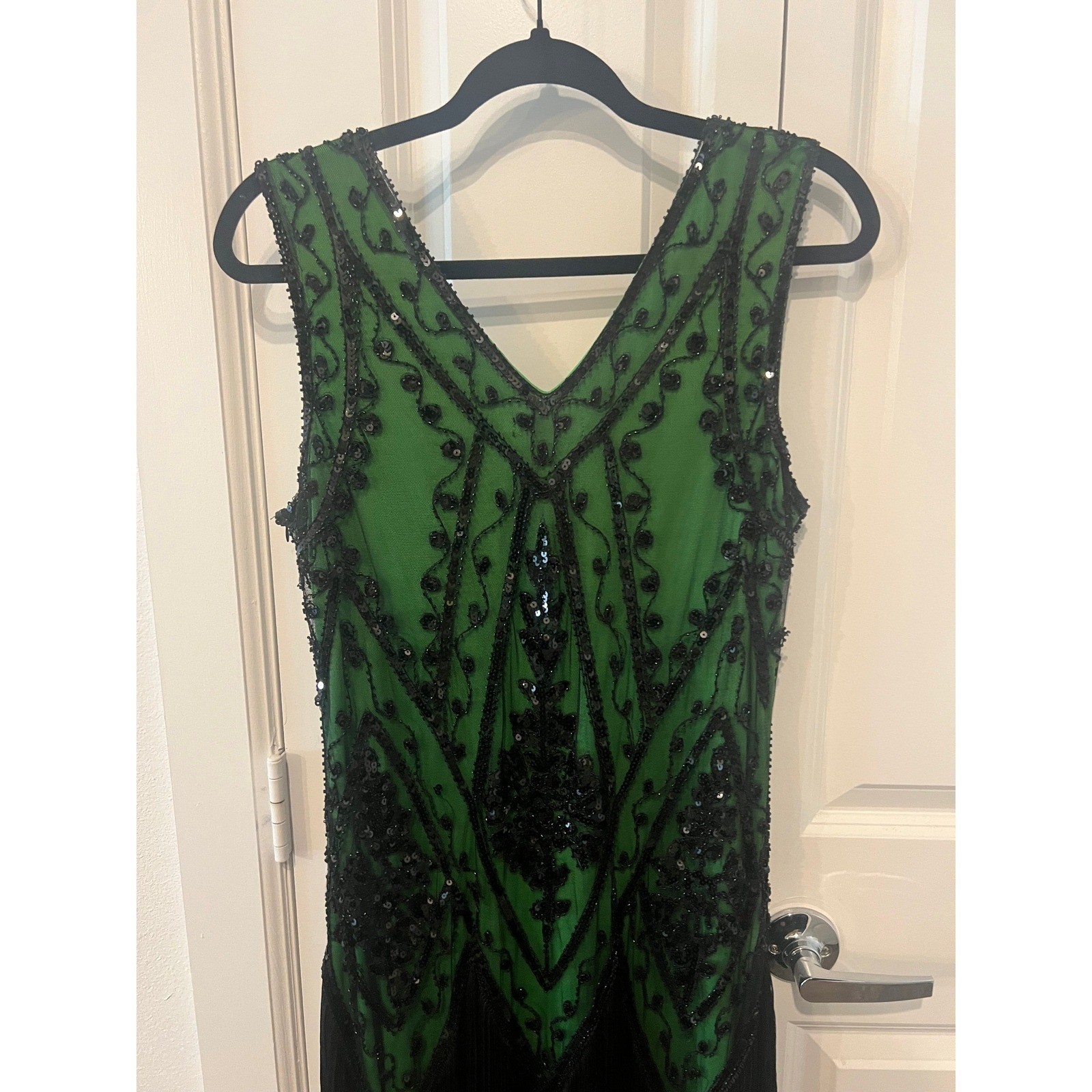 PrettyGuide Green Black Sequin Fringe Flapper Dress 1920s Gatsby Style L (1098)