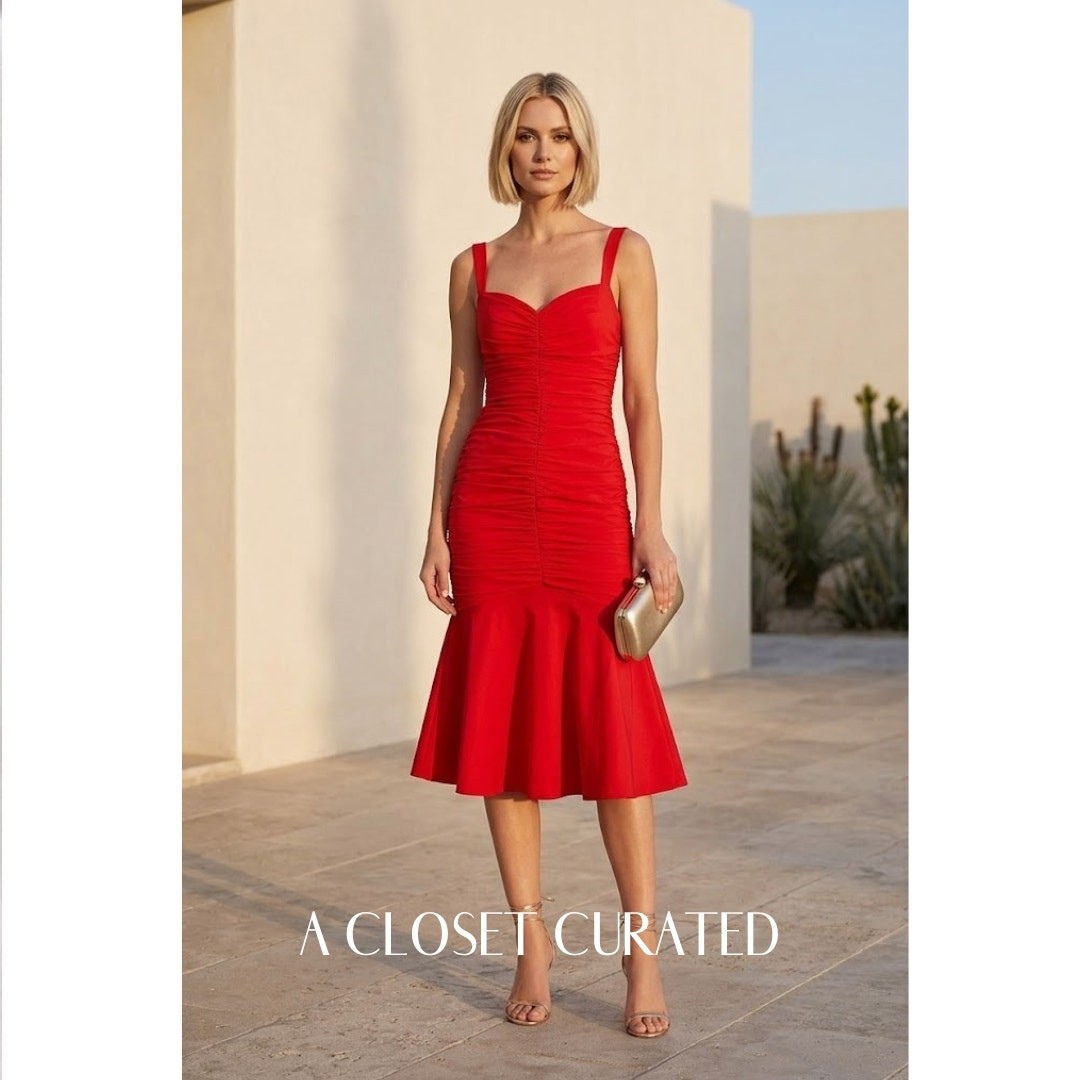Rebecca Vallance Brescia Midi Dress 10 Red Party Holiday Ruched