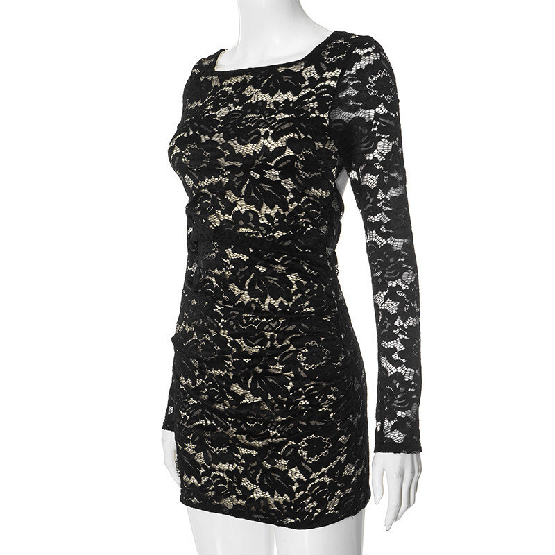 Womens Bodycon Long Sleeved A-line Lace Dress Sexy Backless Party Mini Dress