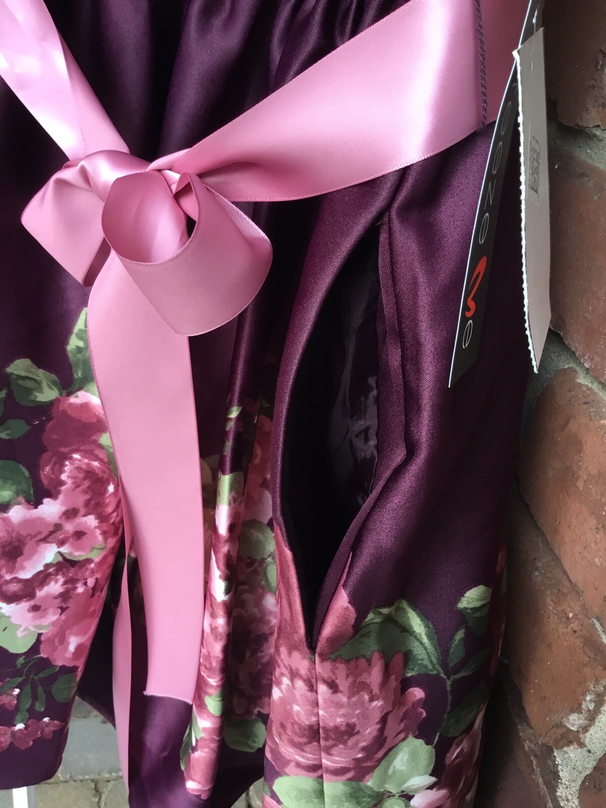 Teeze Me Wine Colored Cocktail Dress With Pink Floral Design & Kremlin Skirt 7