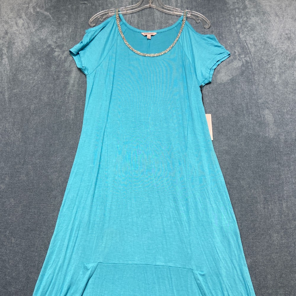 Juicy Couture High Low Jewel Neck Dress Womens M Maui Blue Stretch Rhinestone