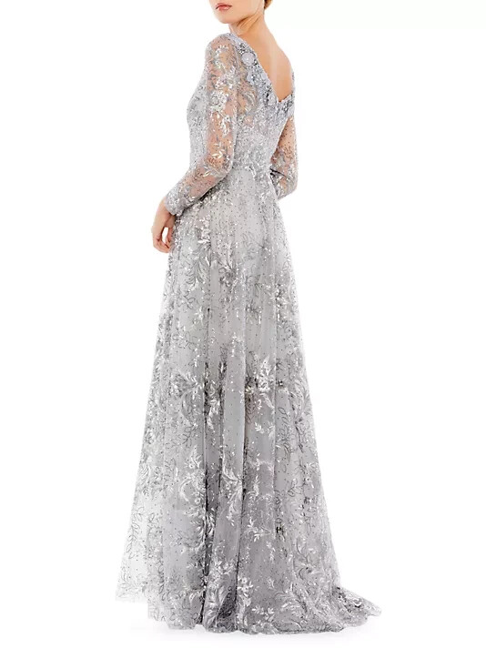 Mac Duggal Sterling Silver Sequin Floral Embroidered Illusion Gown 18 $498