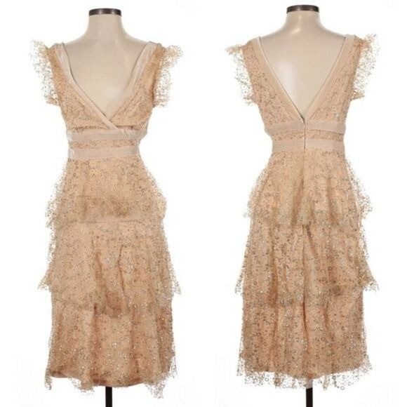 Lulus Stunning Love Nude and Gold Glitter Tiered Midi Party Cocktail Dress Small