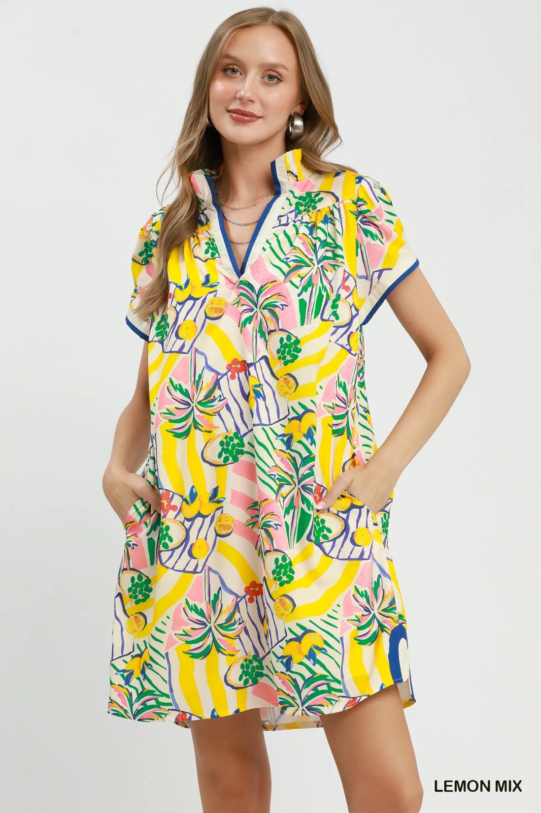 Umgee Tropical Print Collared Shift Dress – Lemon Mix – Small