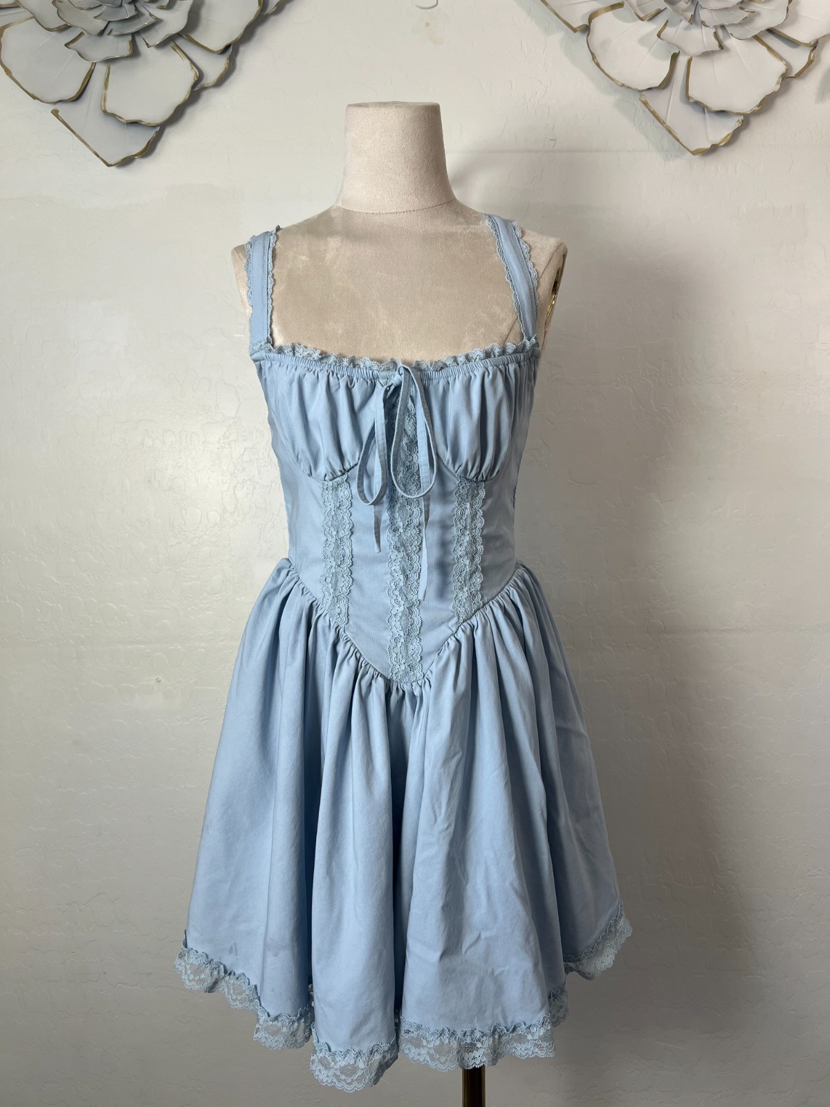 Baby blue corset lace zippered stretchy baby doll dress fairy whimsy size small