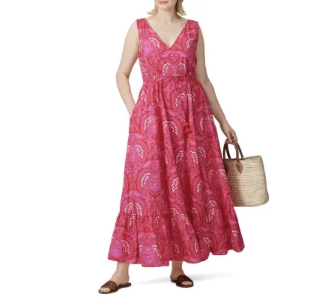 FIGUE Indira Maxi Dress Women Large Pink Cotton Sleeveless Cinch Waist Pockets