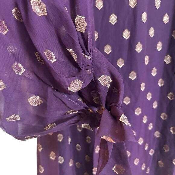 Calvin Klein Tie Cuff Long Sheer Balloon Sleeve Mini Dress Purple Gold Sz 6 NEW
