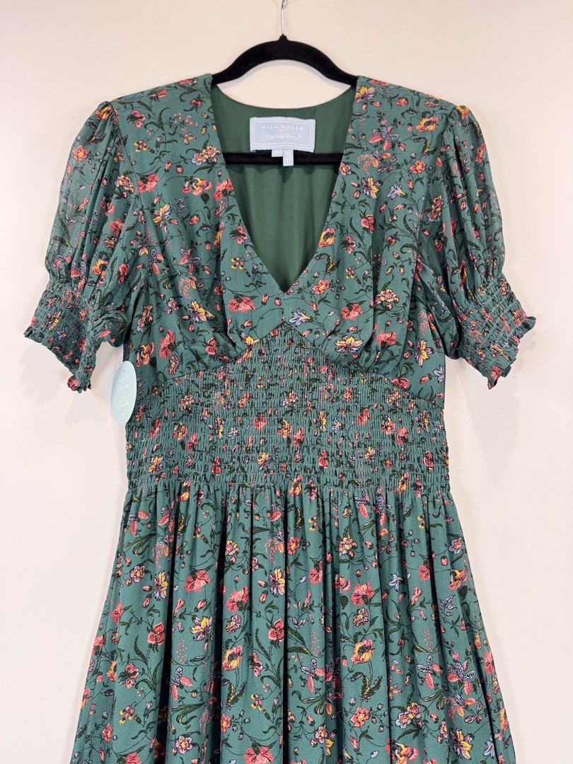 Hill House Home Maxi Dress Green The Georgia Nap V Neck Floral Smocked Medium
