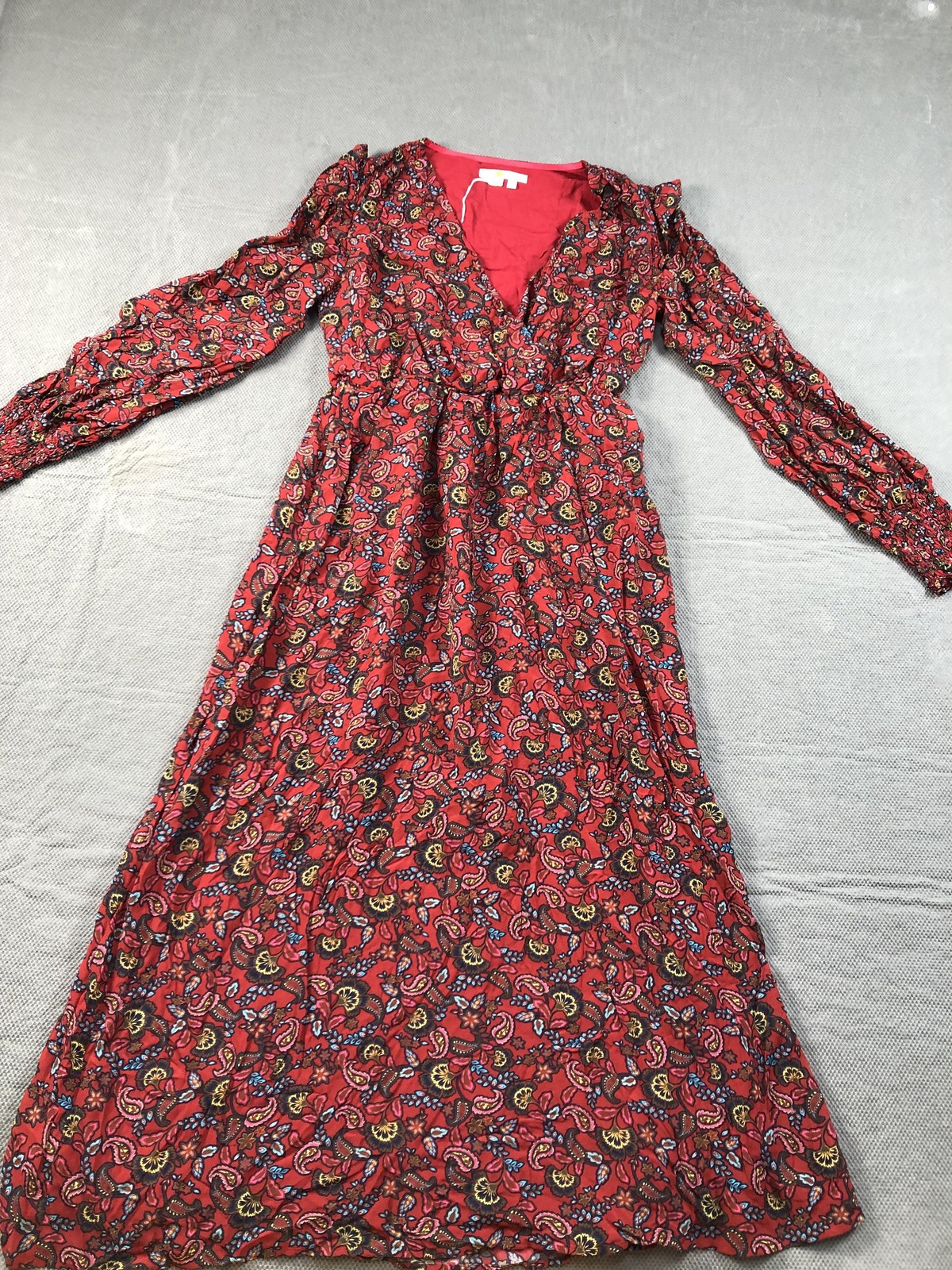 Boden Dress Womens 6P Red Paisley V Neck Long Balloon Sleeve Wrap Midi Fit Flare