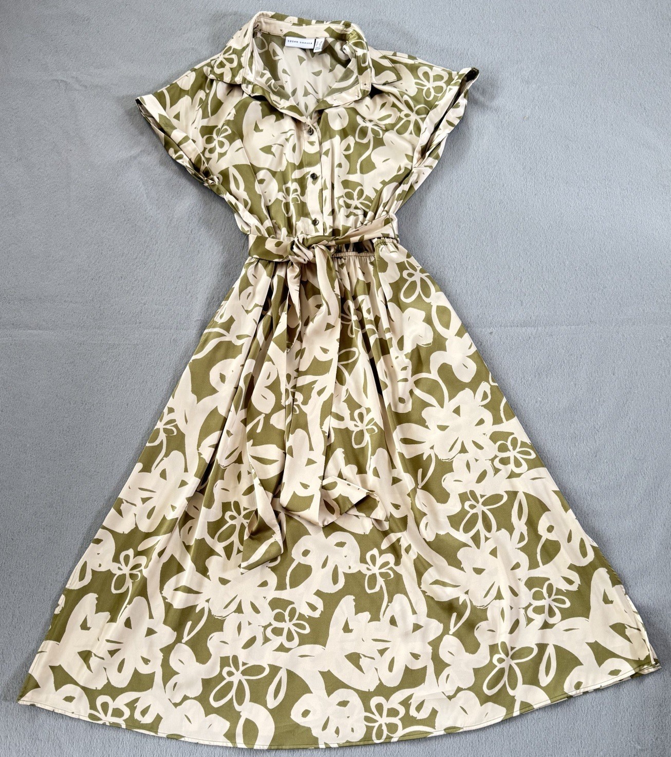 Susan Graver Women’s Dress Sz S Reg Printed Charmeuse Midi Belted Green A654273