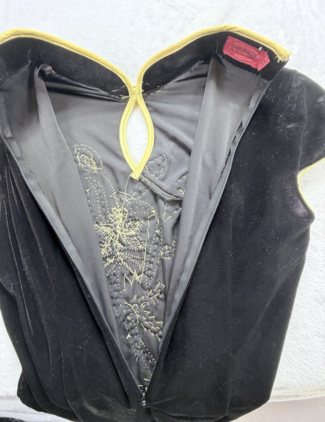 VTG Silver Dragon De Oriental Classic Black Velvet Qipao Maxi Dress Beaded XL