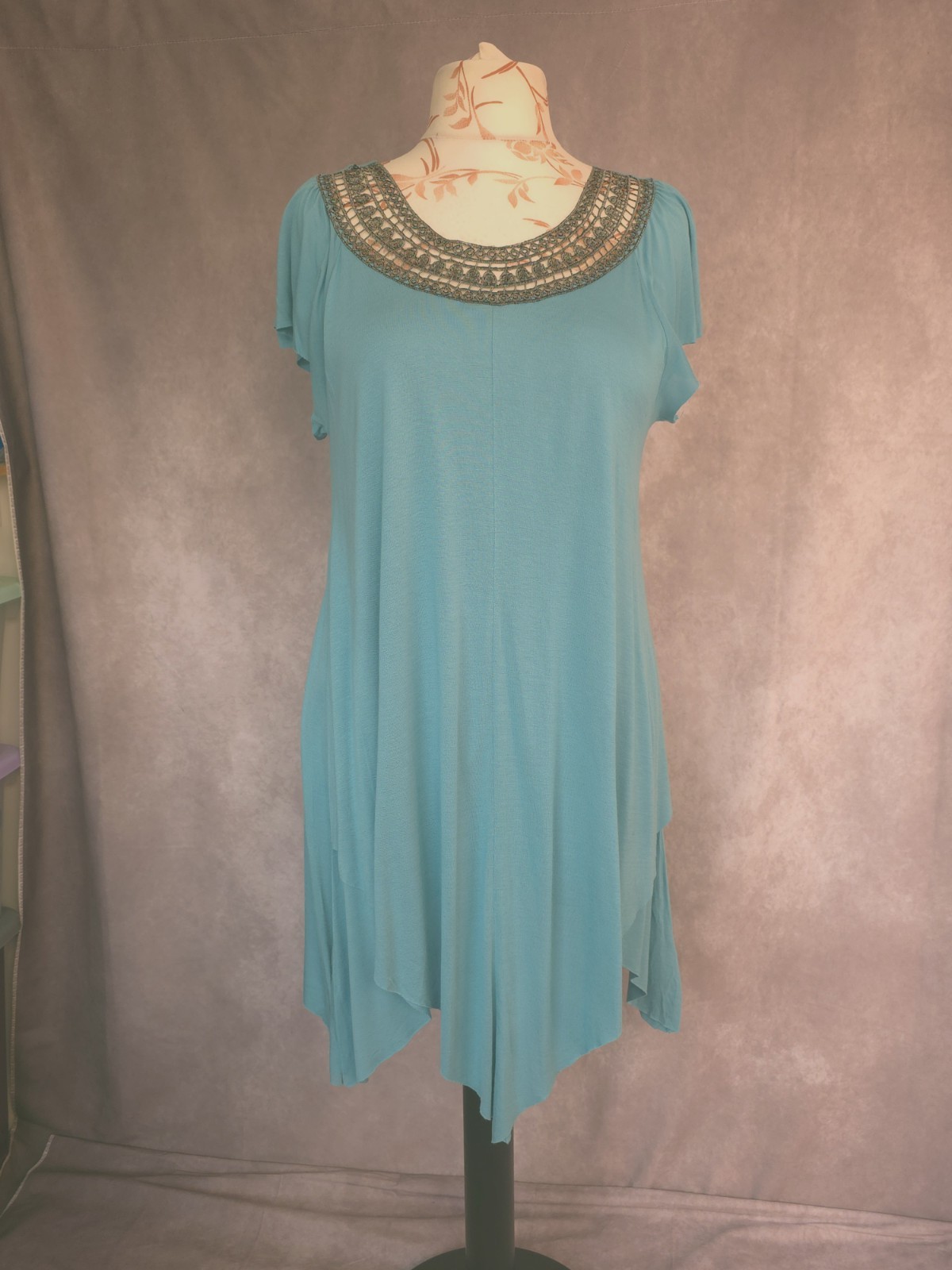 Blue Tunic Dress UK 18 Boho Embellished Hanky Hem Holiday Viscose Wallis L UK 18