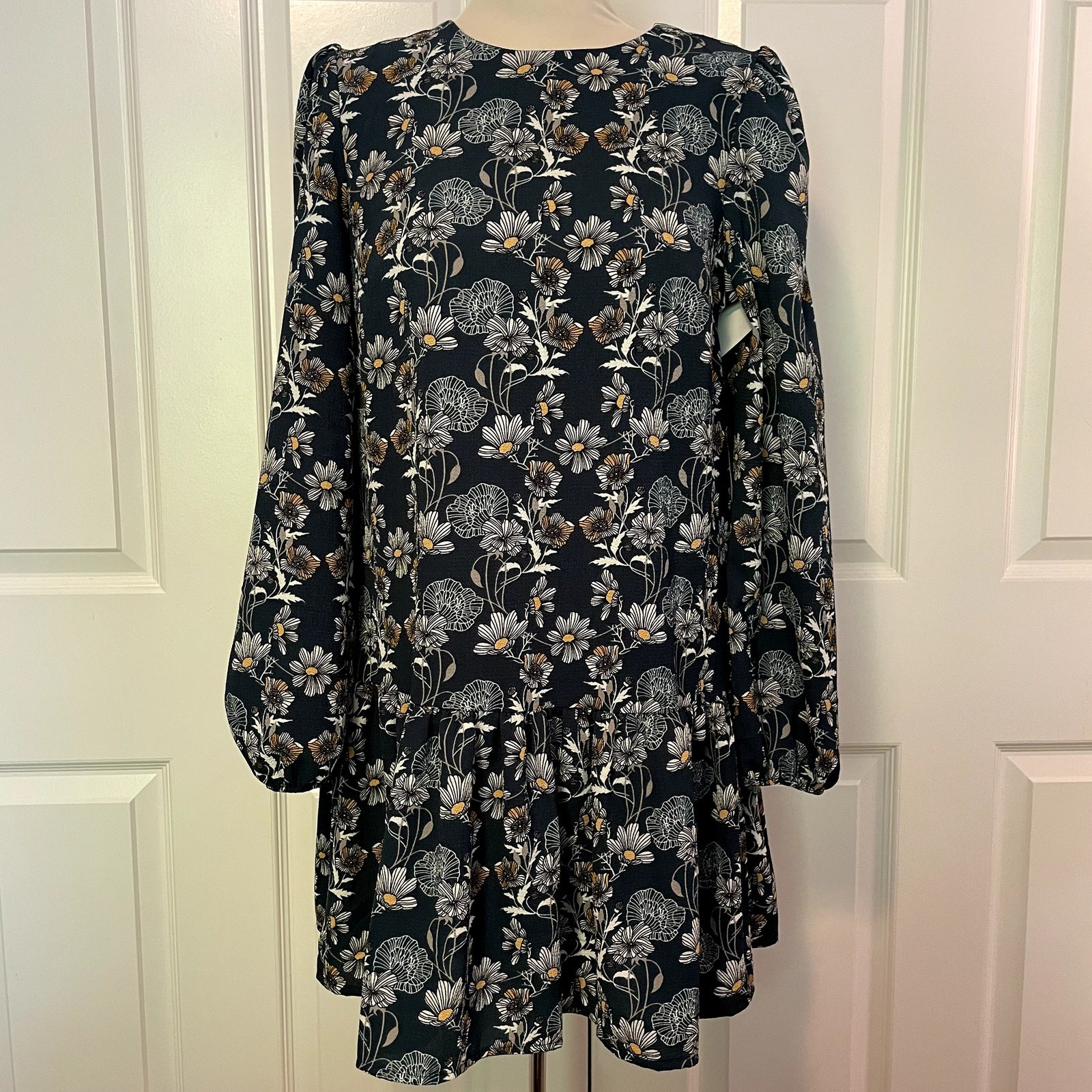 Nordstrom Caslon Teal Green Floral Print Drop Waist Dress Womens XS