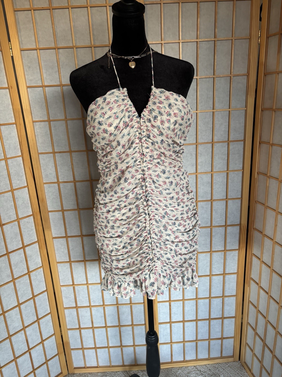 Ivory Pink Blue Floral Ruched Ruffle Mini Dress Halter Tie Strappy Sleeveless
