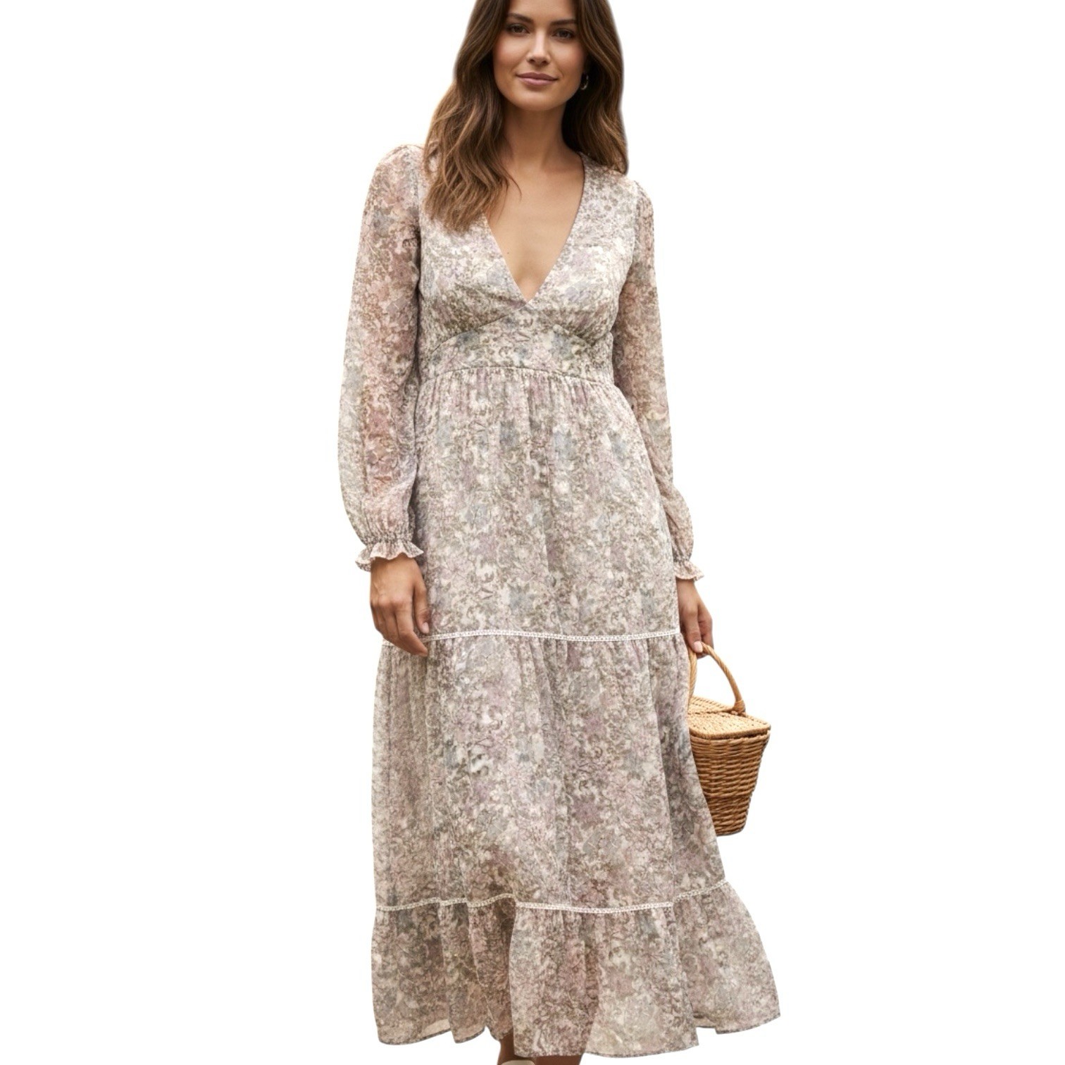 Altar’d State Pink, Blue, Ivory Floral Boho Romantic Maxi Peasant Dress – Medium