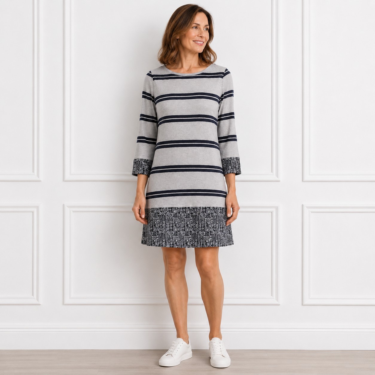 Weird Fish Stripe Shift Dress 100% Cotton Grey Navy Tunic Straight Cut UK 10
