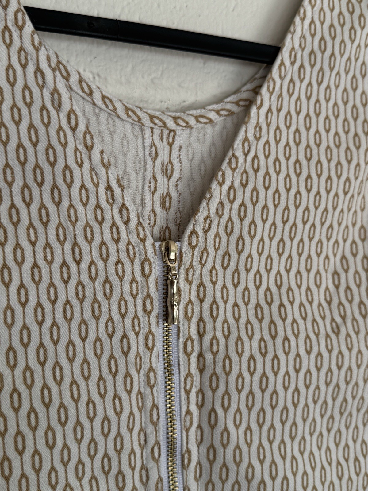 Tommy Bahama Linen Blend Beige White Geometric Shift Dress Sleeveless Zip S/P