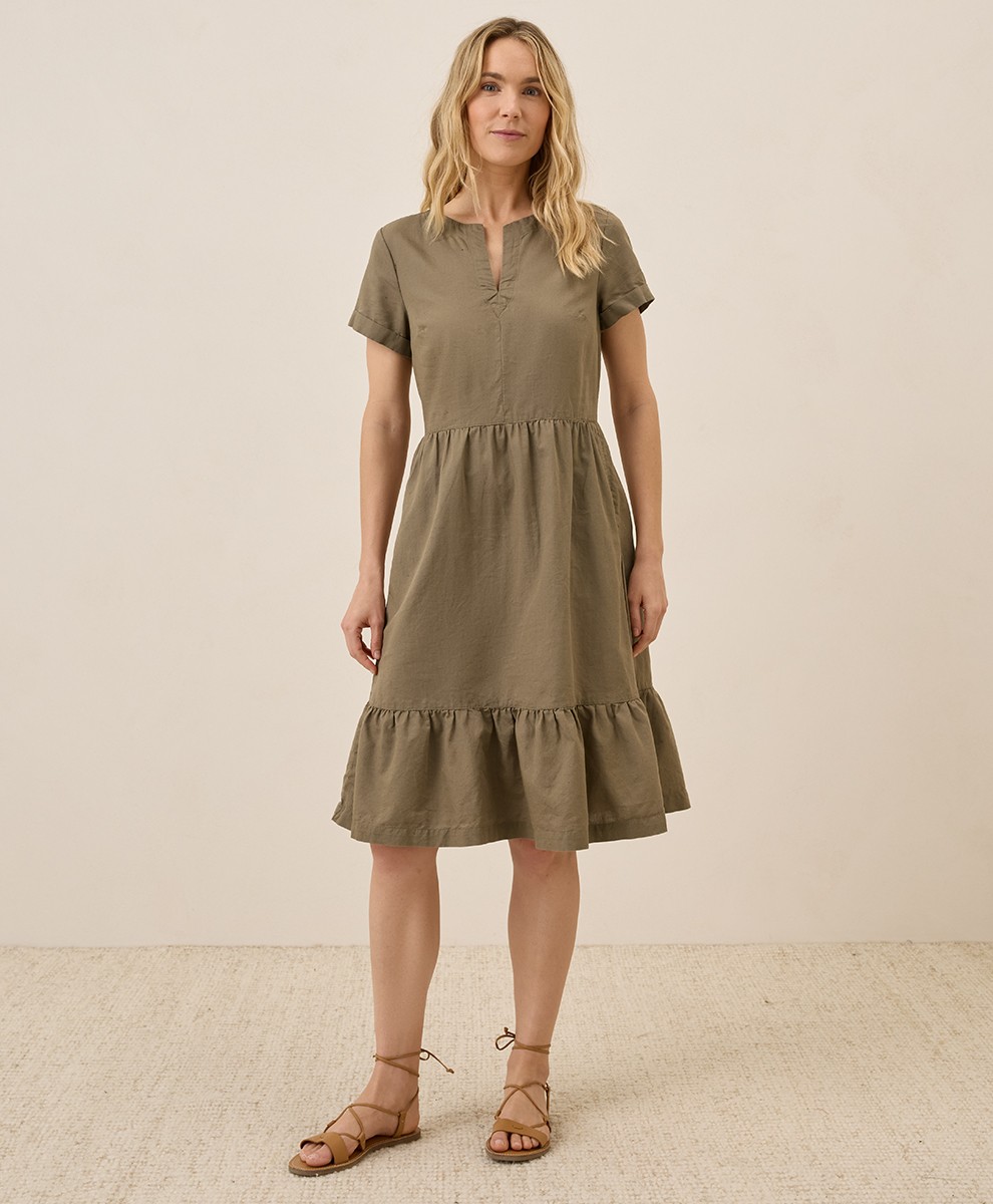 Pact Women’s Canopy Linen Blend Khaki Green Notch Neck Dress Large