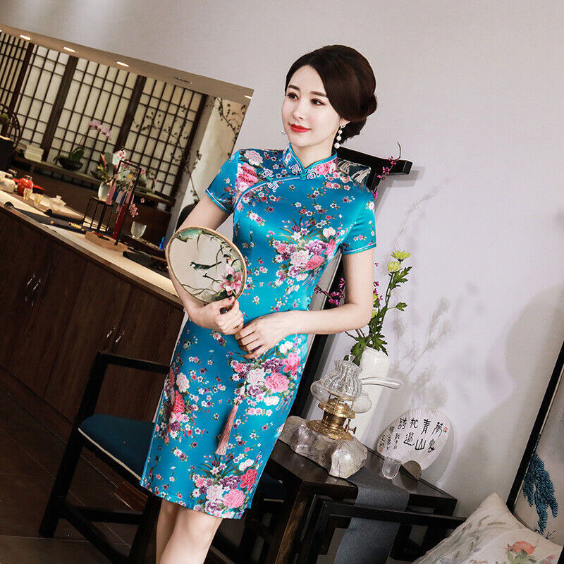 Chinese Traditional Cheongsam Womens Silk Satin Mini Dress Prom Qipao Size S-6XL