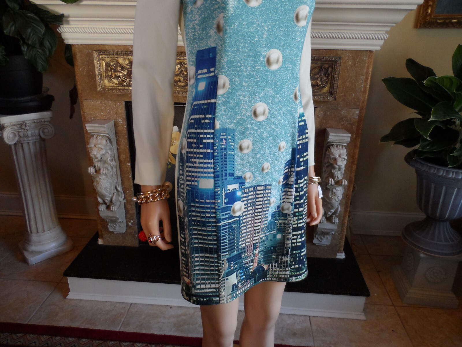 Moschino CheapandChic Ivory/Light Blue City Skyline Print A Line Dress Size 6