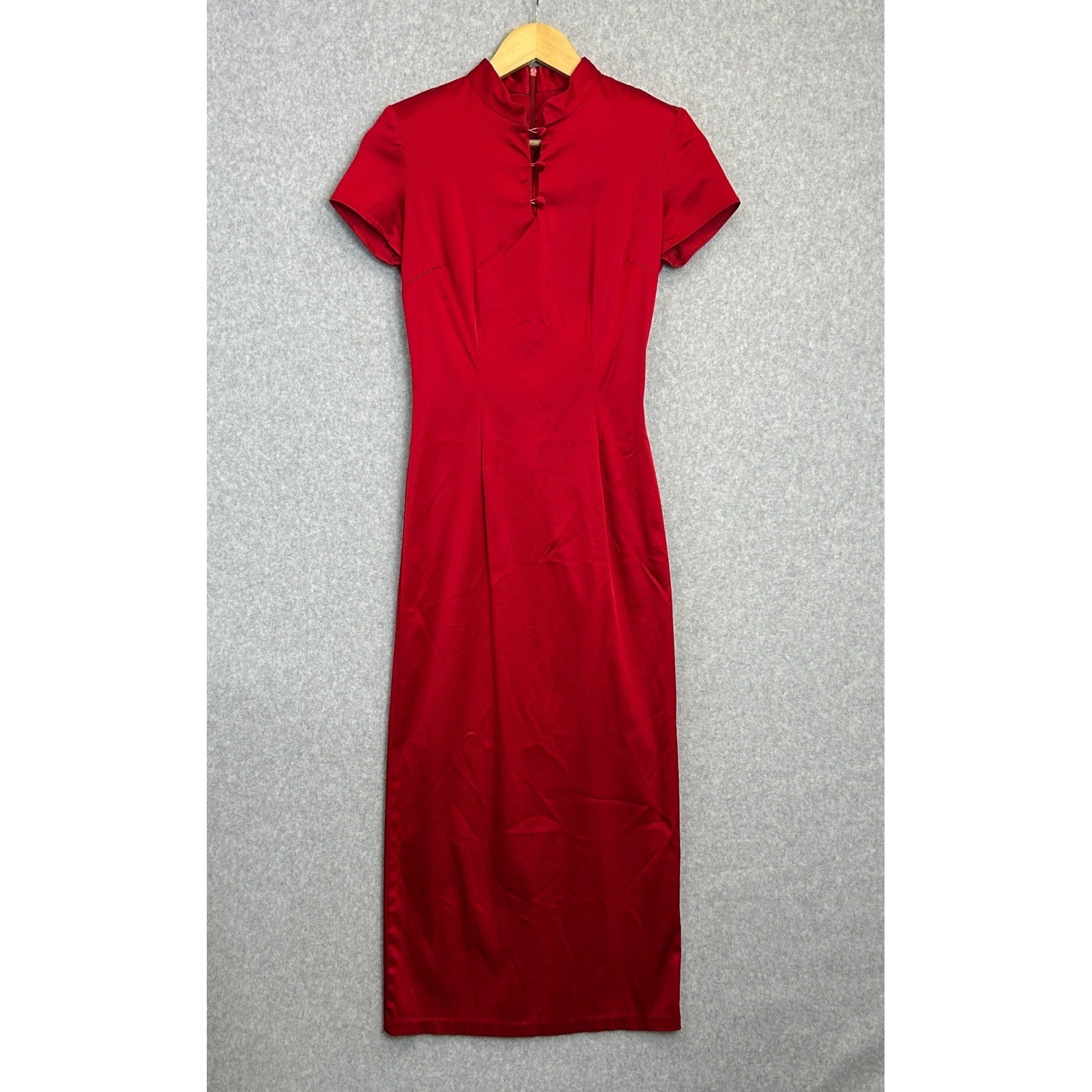 Harlow Nites Midi Dress Red Cheongsam Mandarin Collar Satin Vintage Size 8 P