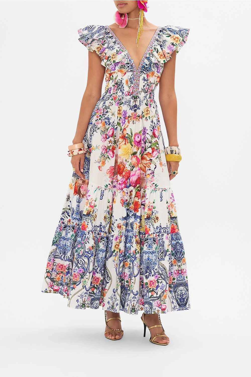 CAMILLA “Dutch Is Life” Tiered Frill Cotton V-Neck Open Back Maxi Dress, L $899