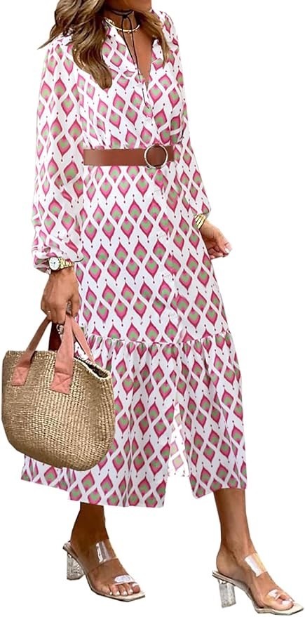 Printed Boho Dress long button down, belted – New XL