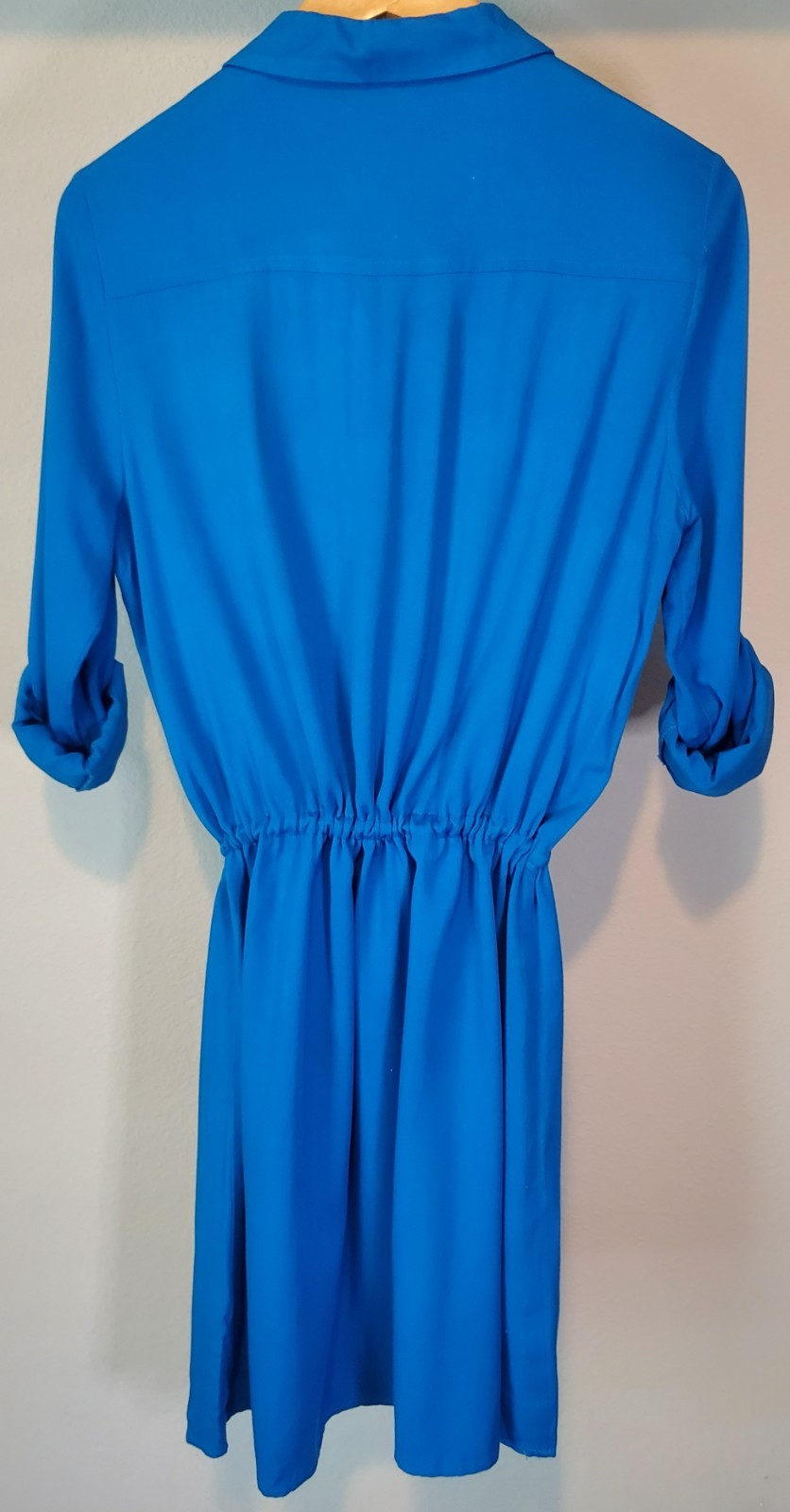JustFab Blue Shirt Dress M Drawstring Waist Tab Sleeve Rayon Pockets