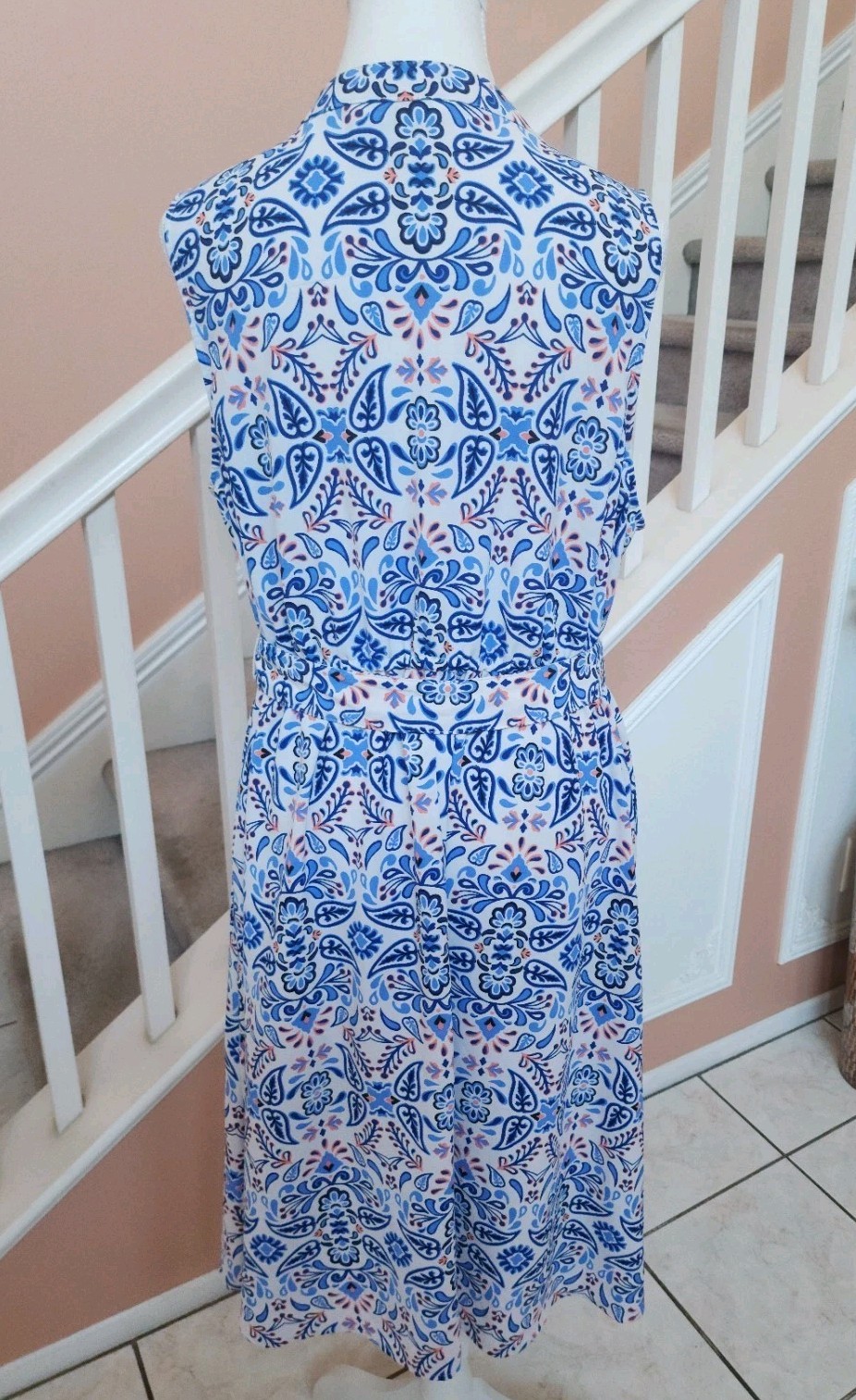NWOT CROFT & BARROW Blue Floral Notch Neck Belted Sleeveless Shirt Dress Sz PXL