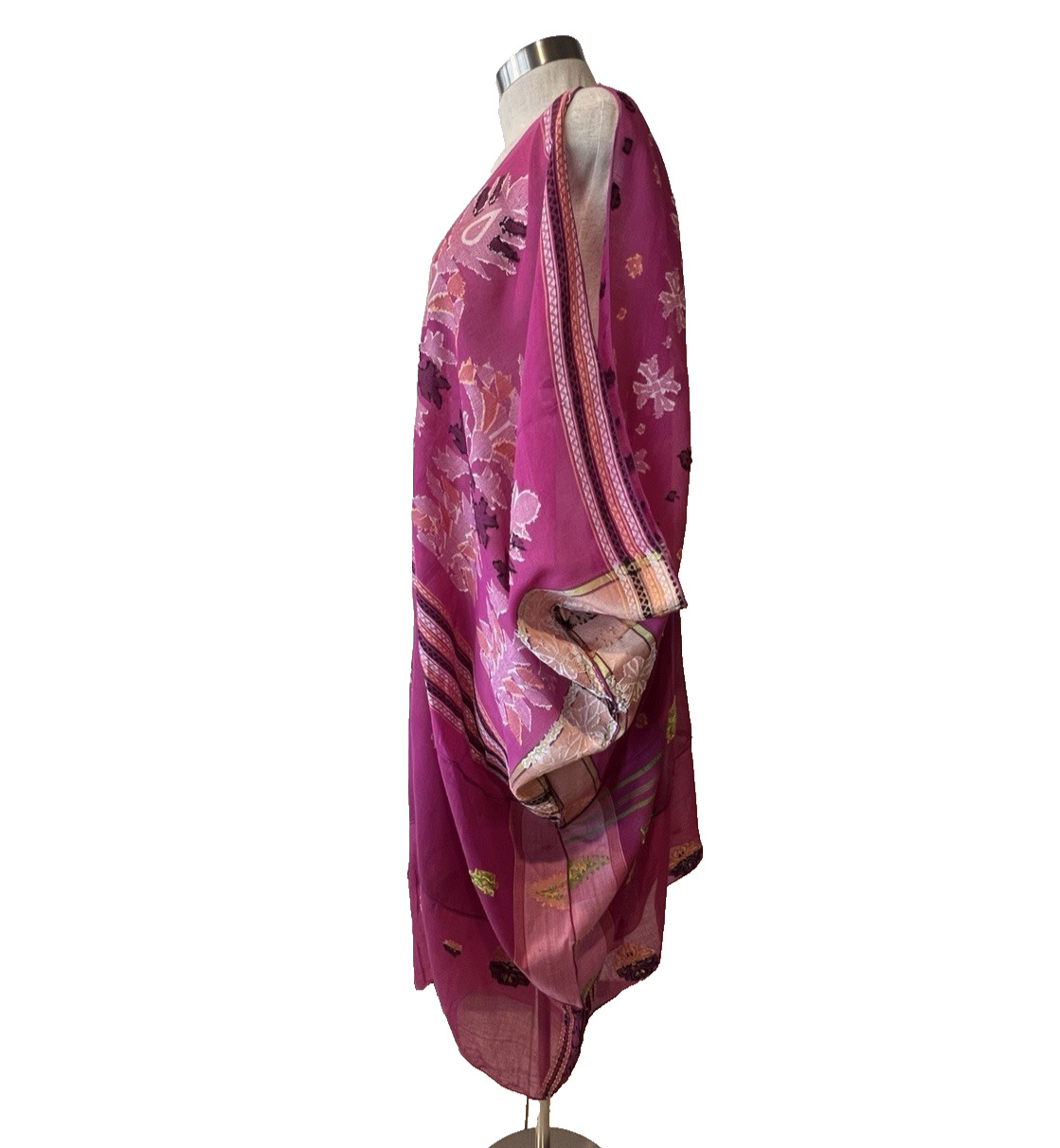 PAUL ROPP Pink/Gold/Black Fine Cotton Jacquard S/Less Kaftan Midi Dress One Size