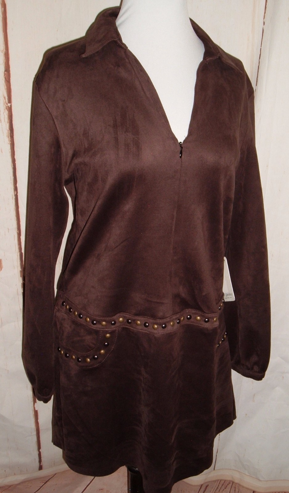 Liberty Garden Brown Shift Dress Faux Suede Metal Trim Long Sleeve Lagenlook L