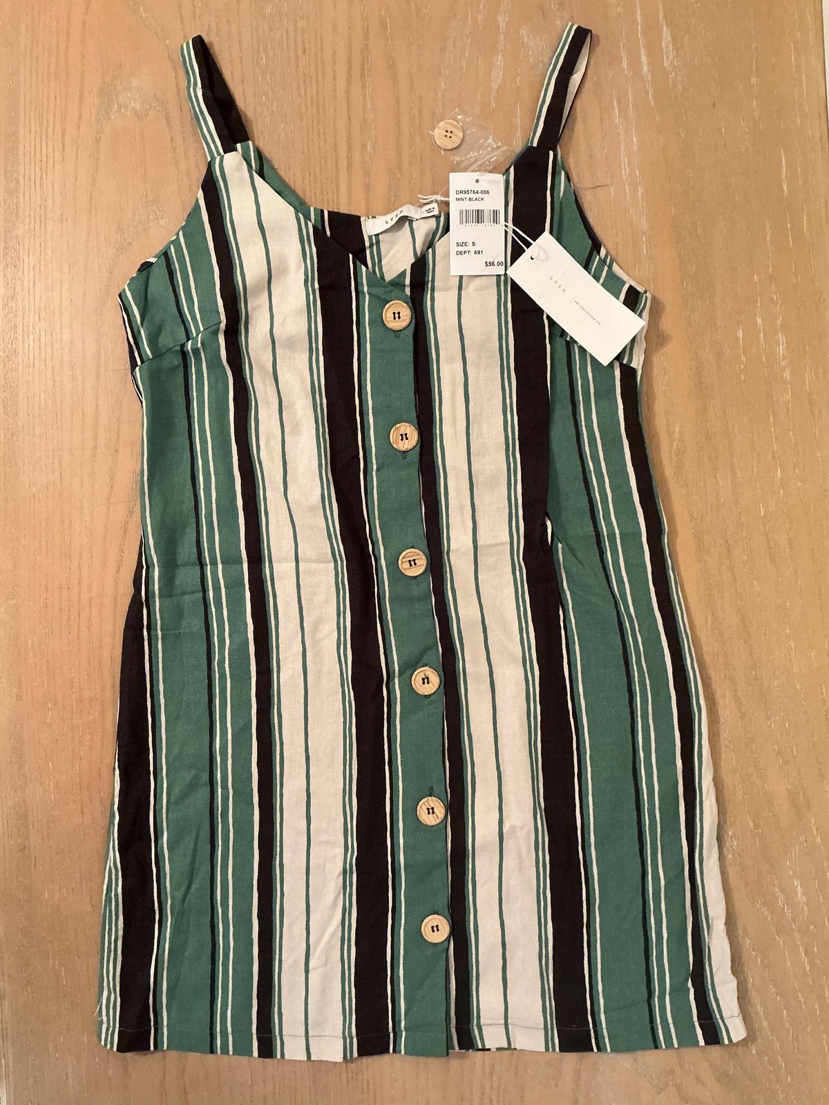 Lush Dress Womens Small Green Black Striped Button Front Linen Blend Sundress