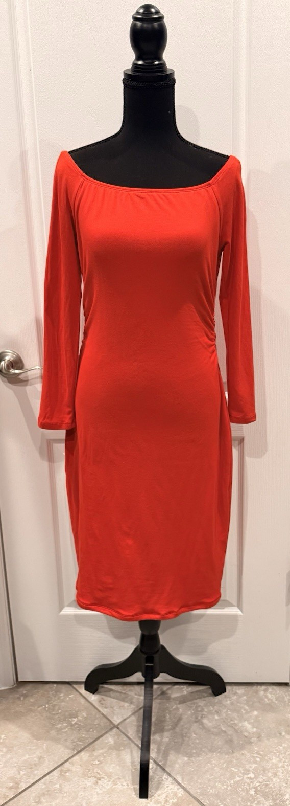 American Dream Red Solid Ruched Jersey Scoop Neck 3/4 Sleeve Bodycon Dress L