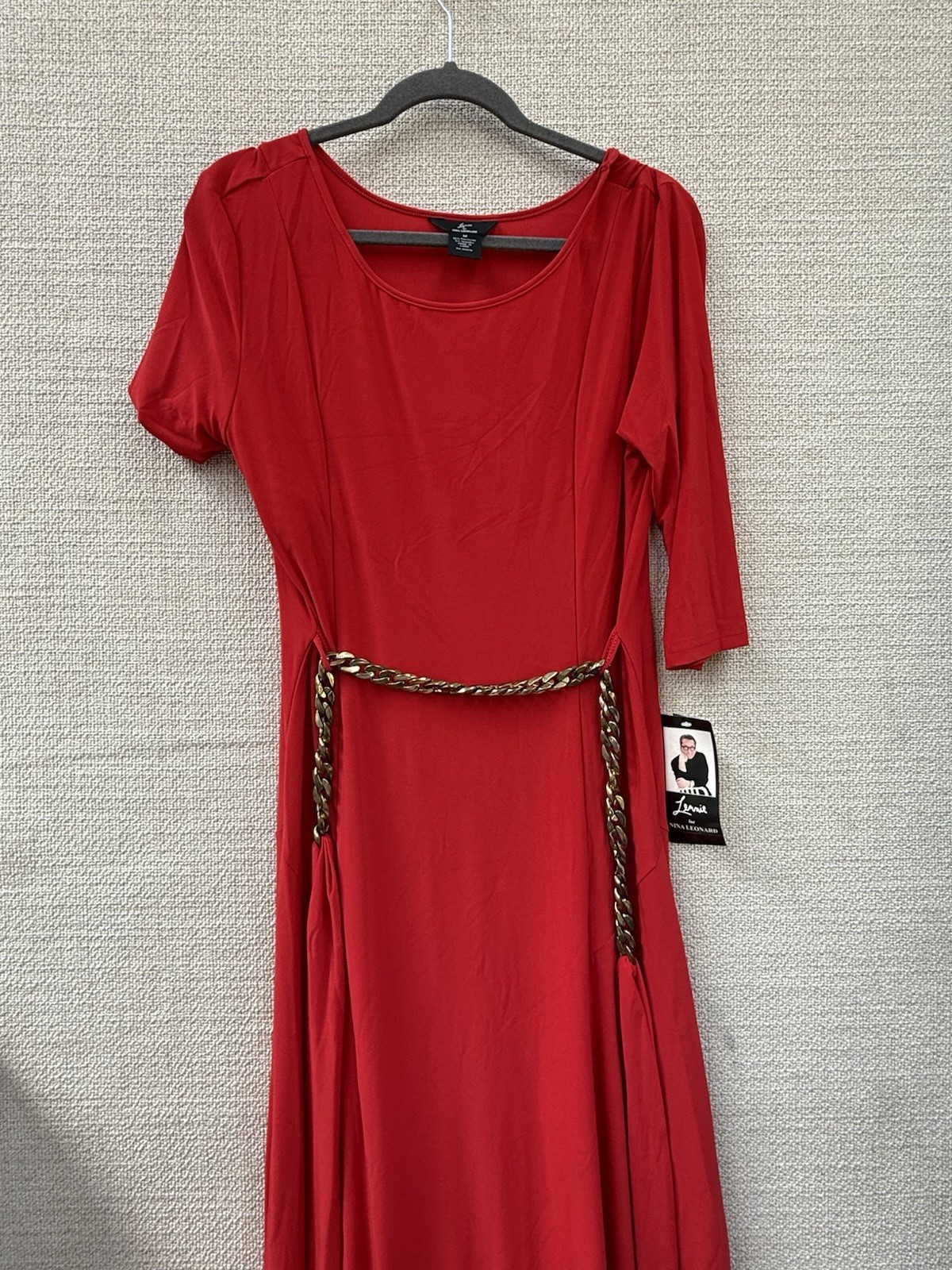 NWT Lennie for Nina Leonard Red Midi Dress Gold Chain Belt Size M Medium Stretch