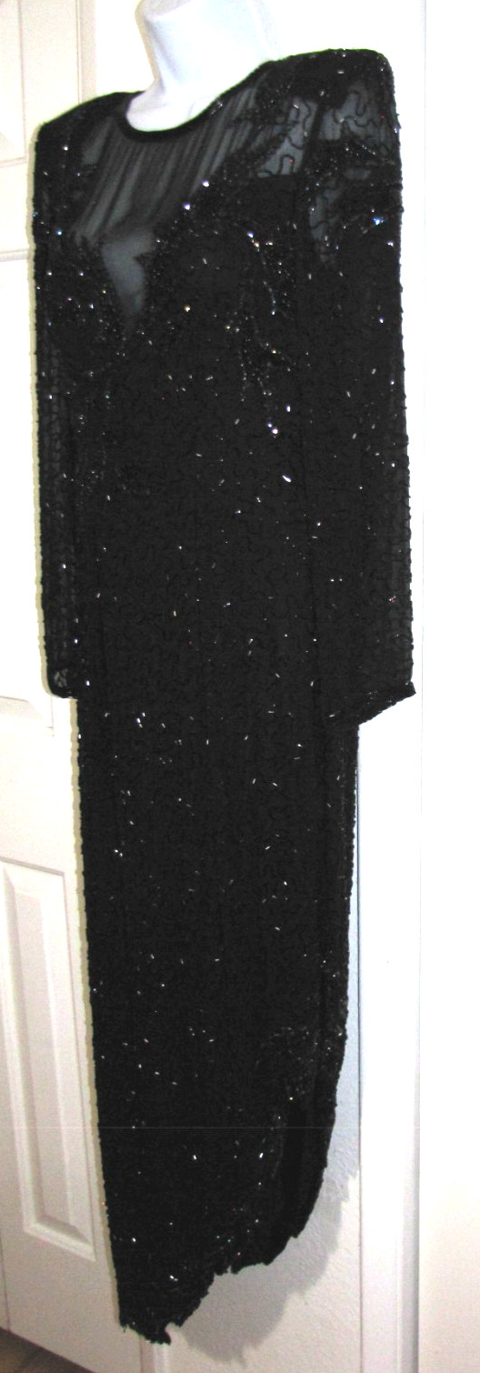 Vtg AJ. BARI Beaded & Sequin Silk Black Formal Maxi Gown Diagonal-hem Wm. 10