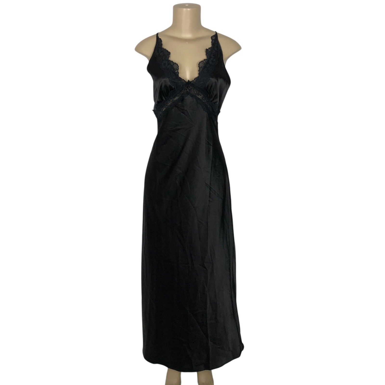Black Satin Lace Trim Maxi Slip Dress Sleeveless Medium Whimsigoth Gothic Witchy