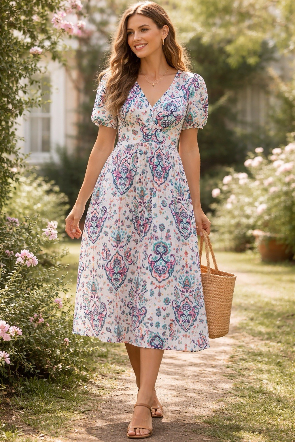Springfield Reconsider Midi Dress US 6 Boho Paisley Cotton Linen Cottagecore