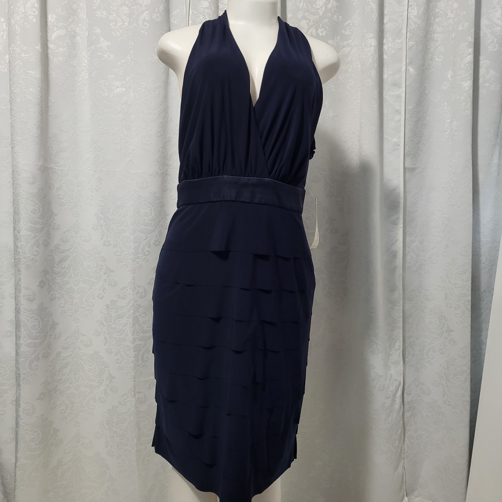 Evan picone Women’s Sleeveless Halter Neckline Ruched Ruffle Stretch Sz 16 Blue
