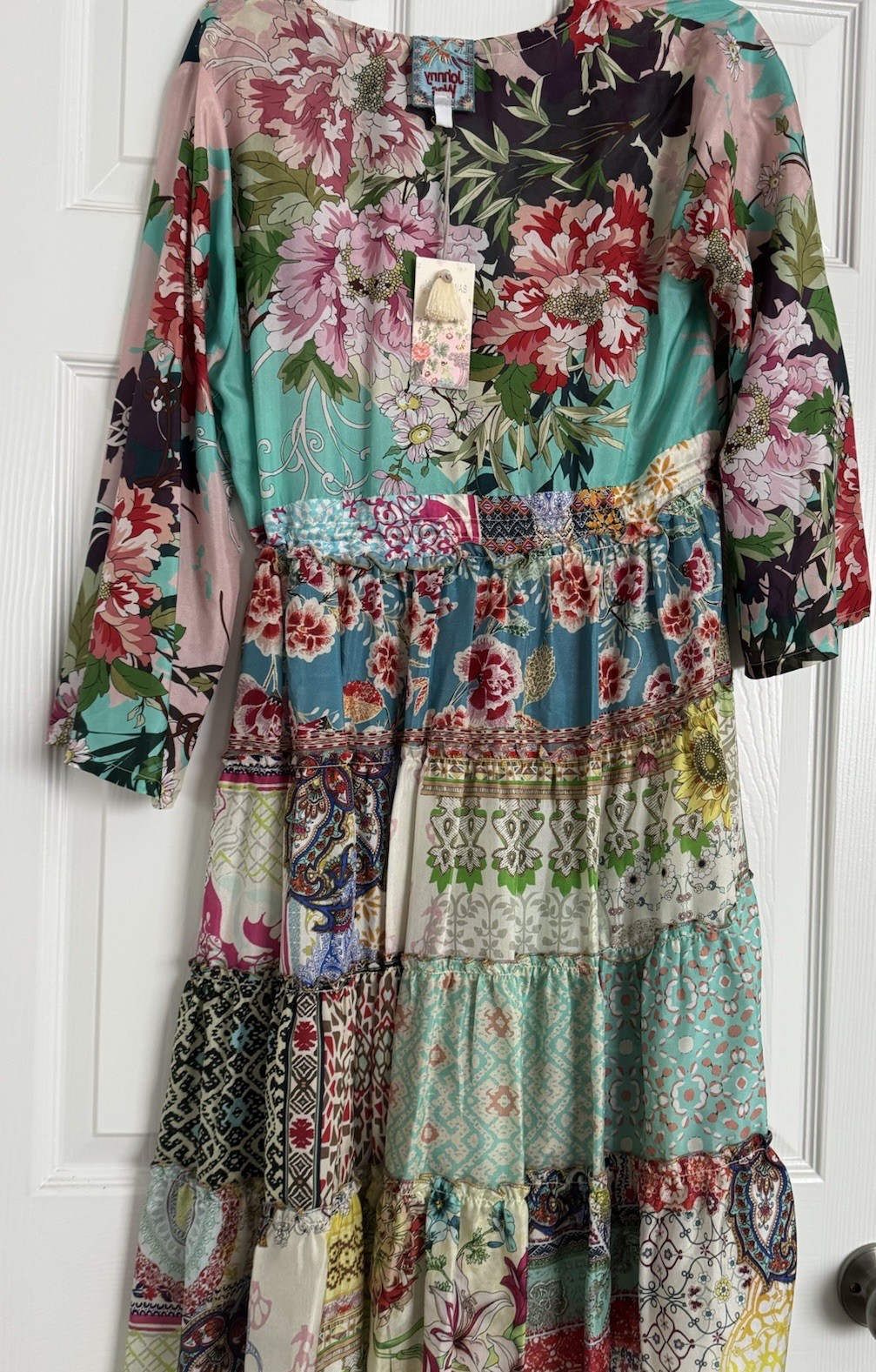 NWT JOHNNY WAS GIGI SILK PATCHWORK PEASANT DRESS W/ SLIP SMALL $378RRP