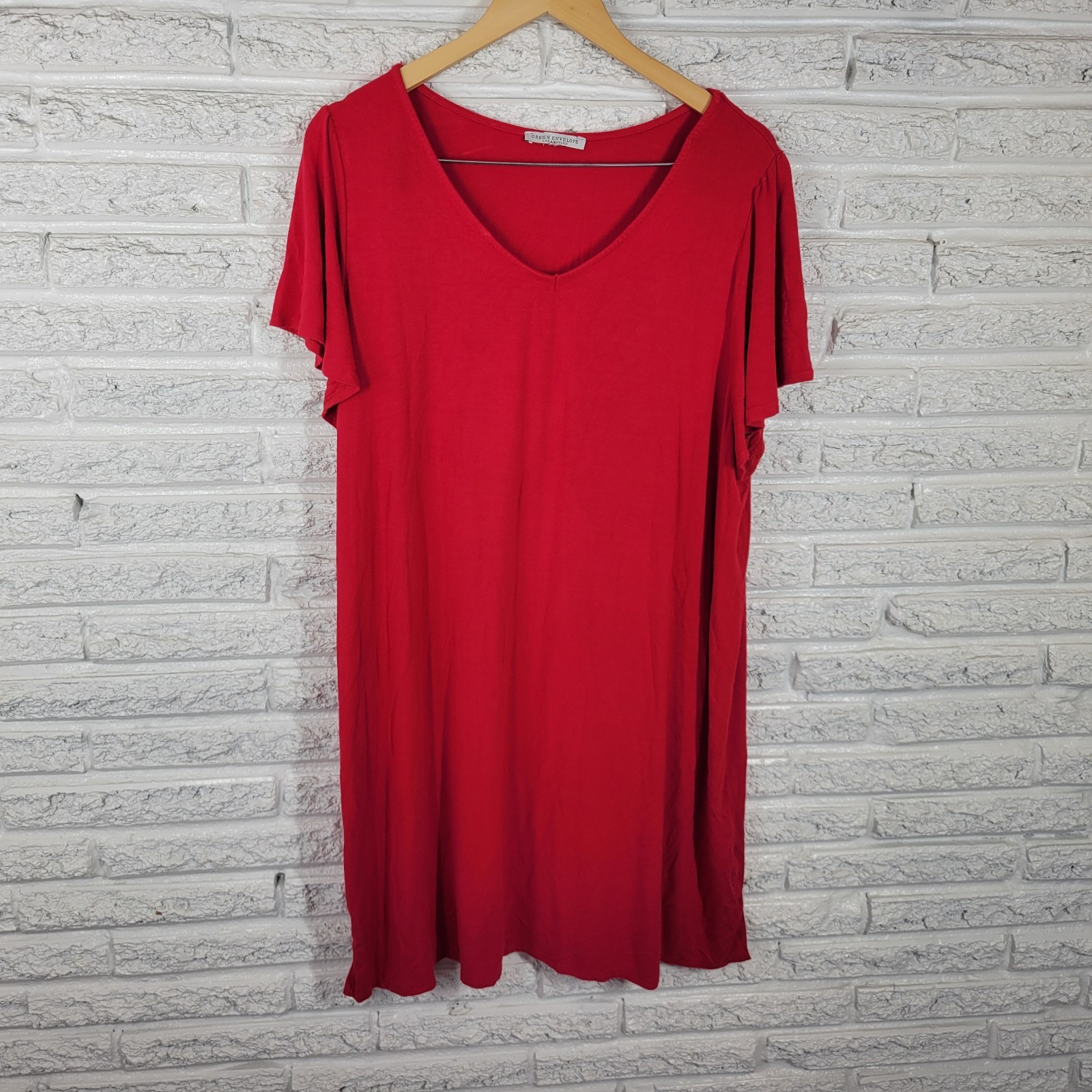 Green Envelope Womens Dress 2X Plus Mini Pullover Flutter Sleeve Red Rayon Blend