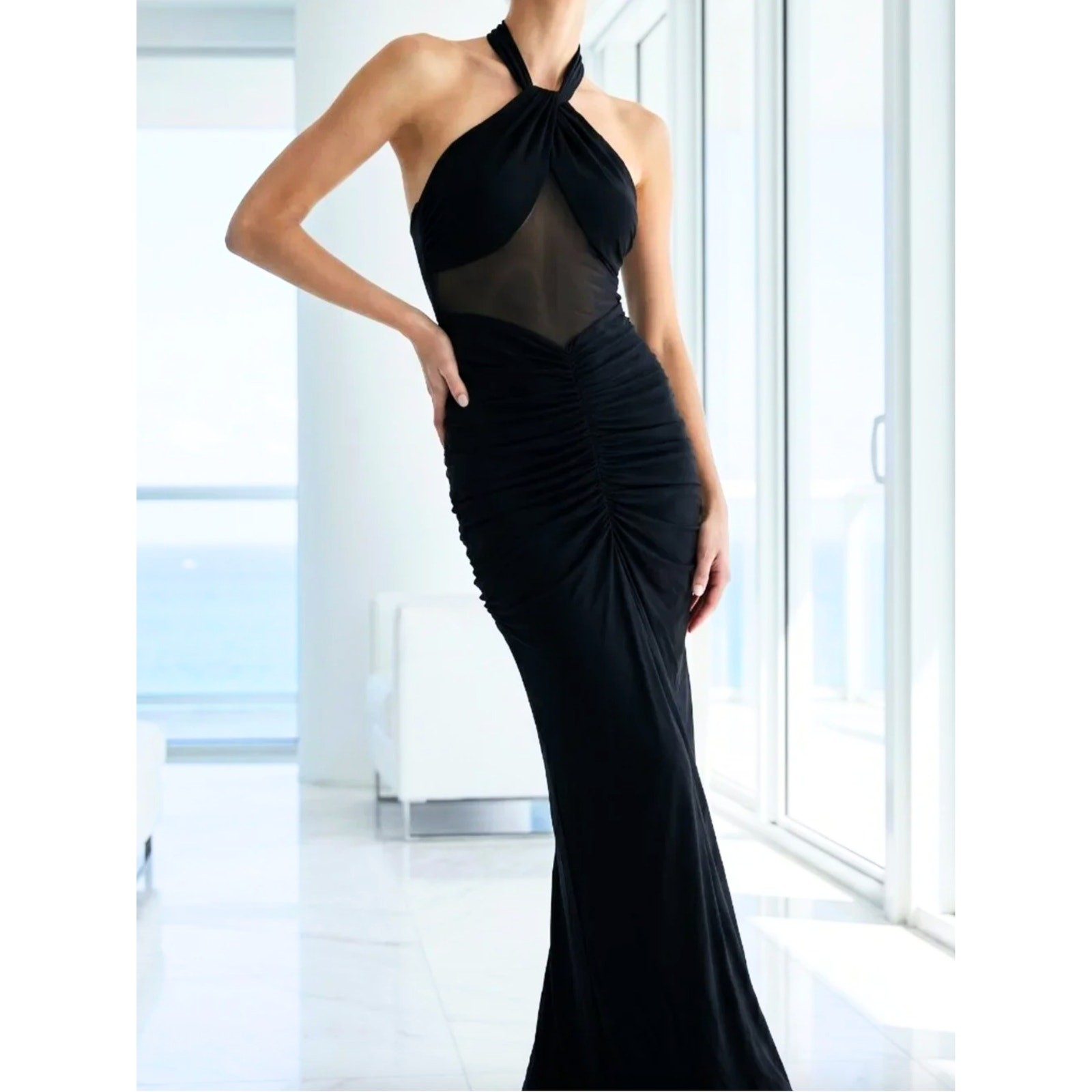 Saints & Secrets Black Mesh Halter Maxi Dress Size Small Evening Gown Fitted