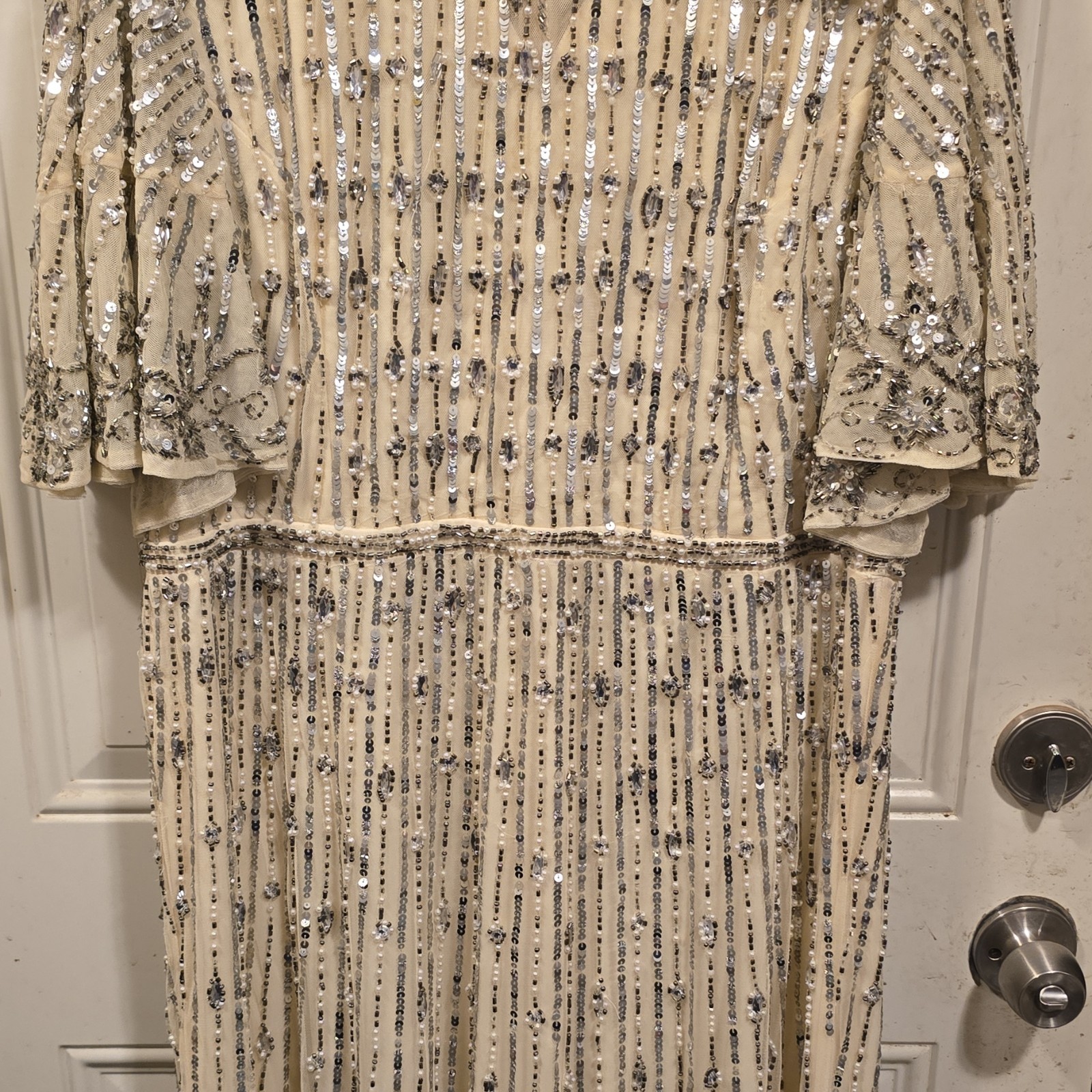 Mac Duggal 5579 Nude/Silver Sequin Beaded Midi A-Line Dress Size 18