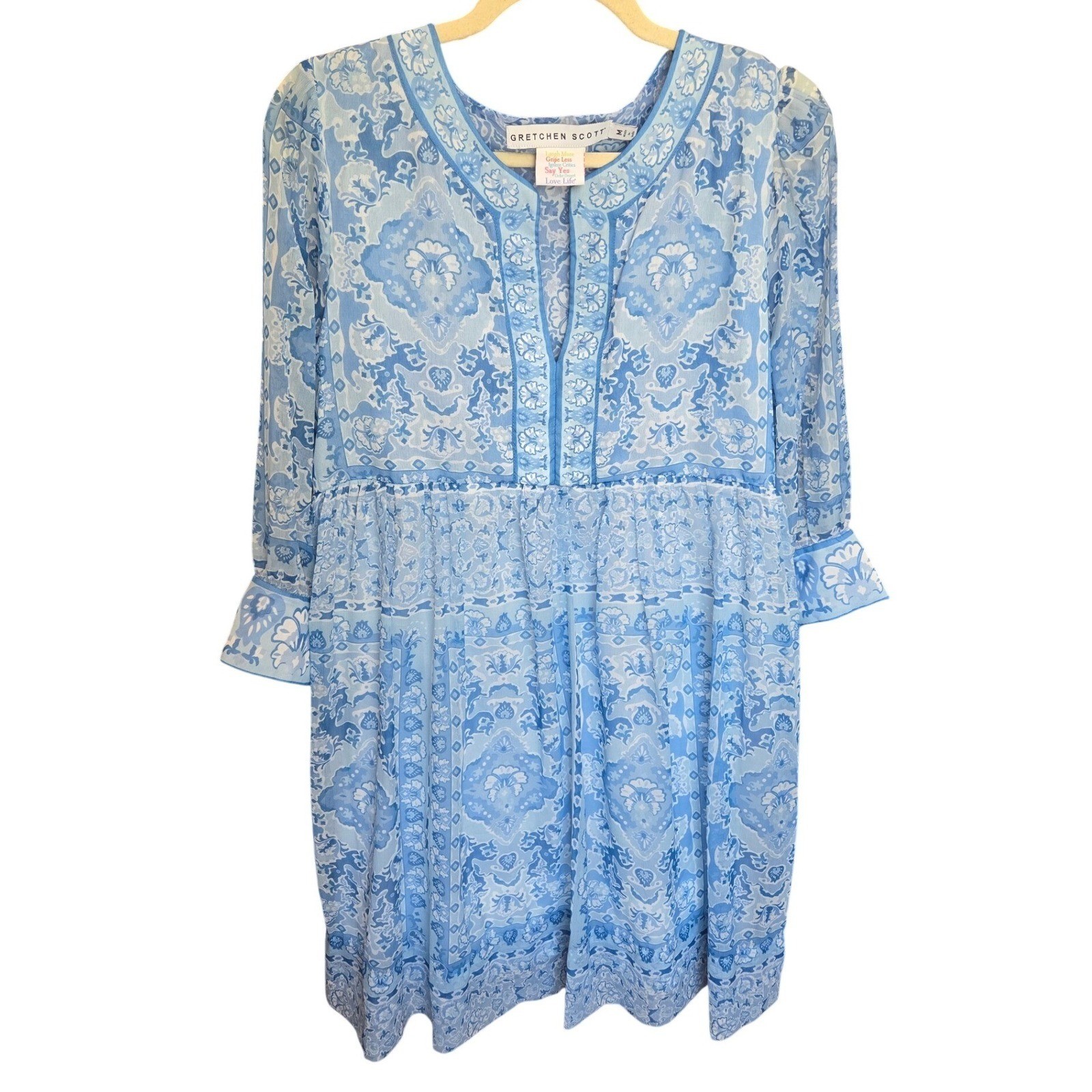 Gretchen Scott Dress Blue Borderline Watteau Preppy Coastal 3/4 Sleeve Medium