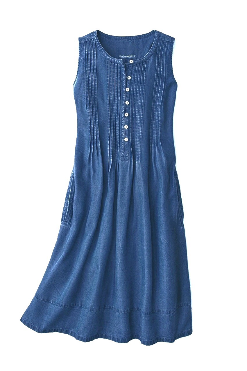 Coldwater Creek Pintuck Tencel Midi Denim Dress Sleeveless Indigo Blue Women’s