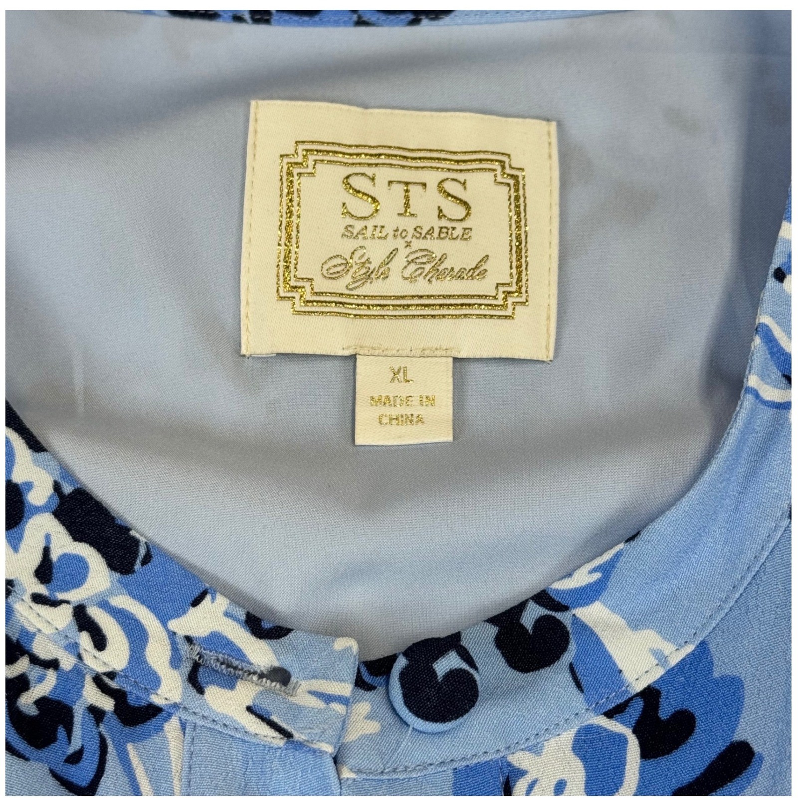 STS Blue Floral Midi Dress Button Front Flutter Sleeve Wood Buckle Belt XL