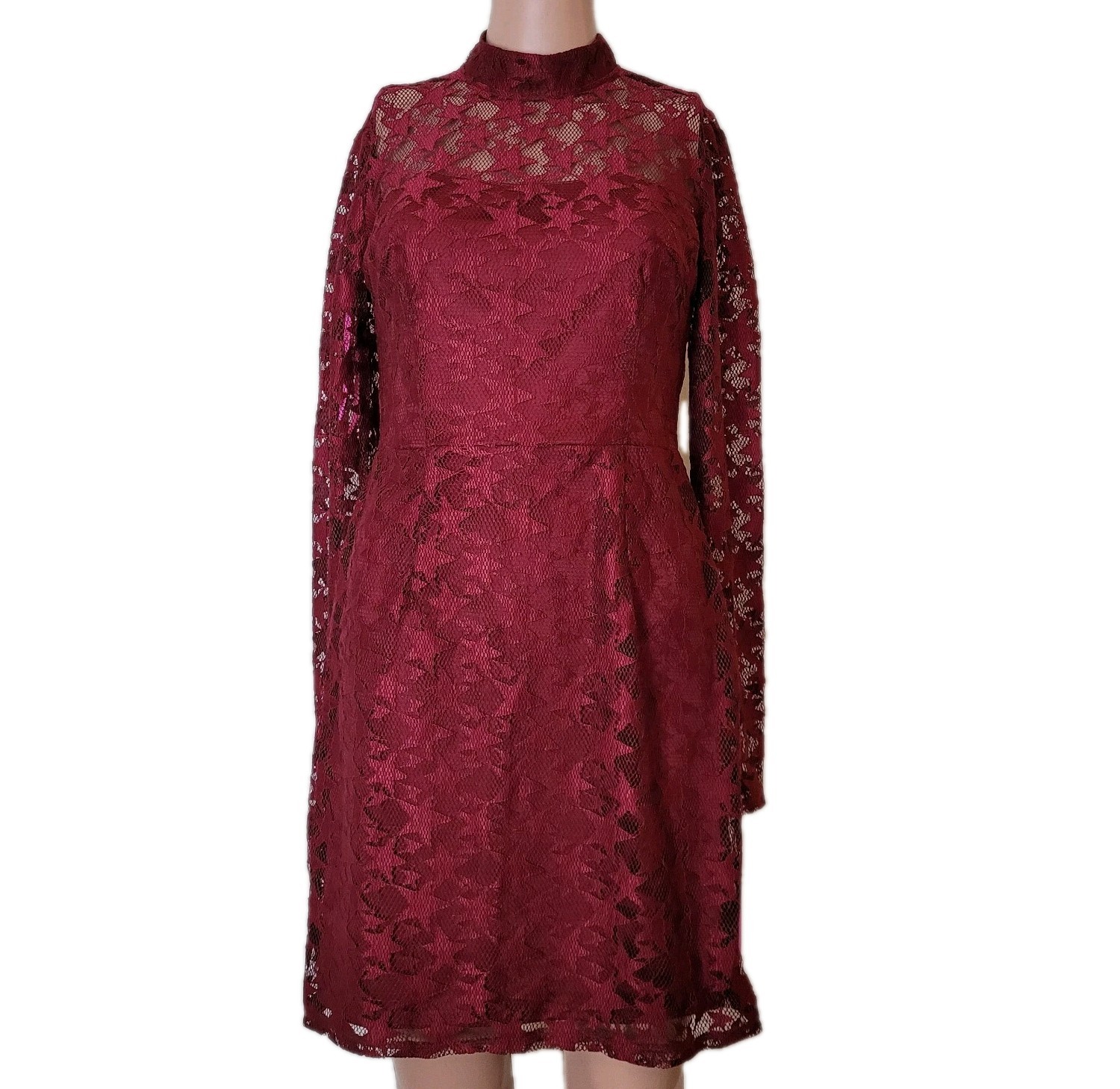 Betsey Johnson Mini Dress Womens 2 Star Lace Red Sheer Overlay sheer long sleeve