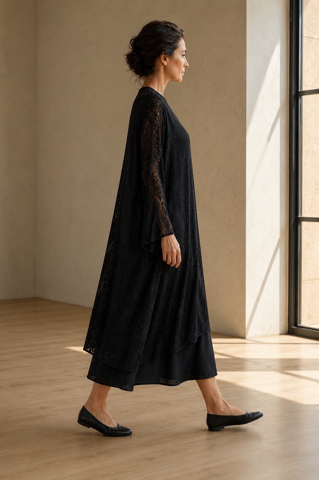 Eskandar Black Silk Blend Devore A-Line Dress Size 2 Layered