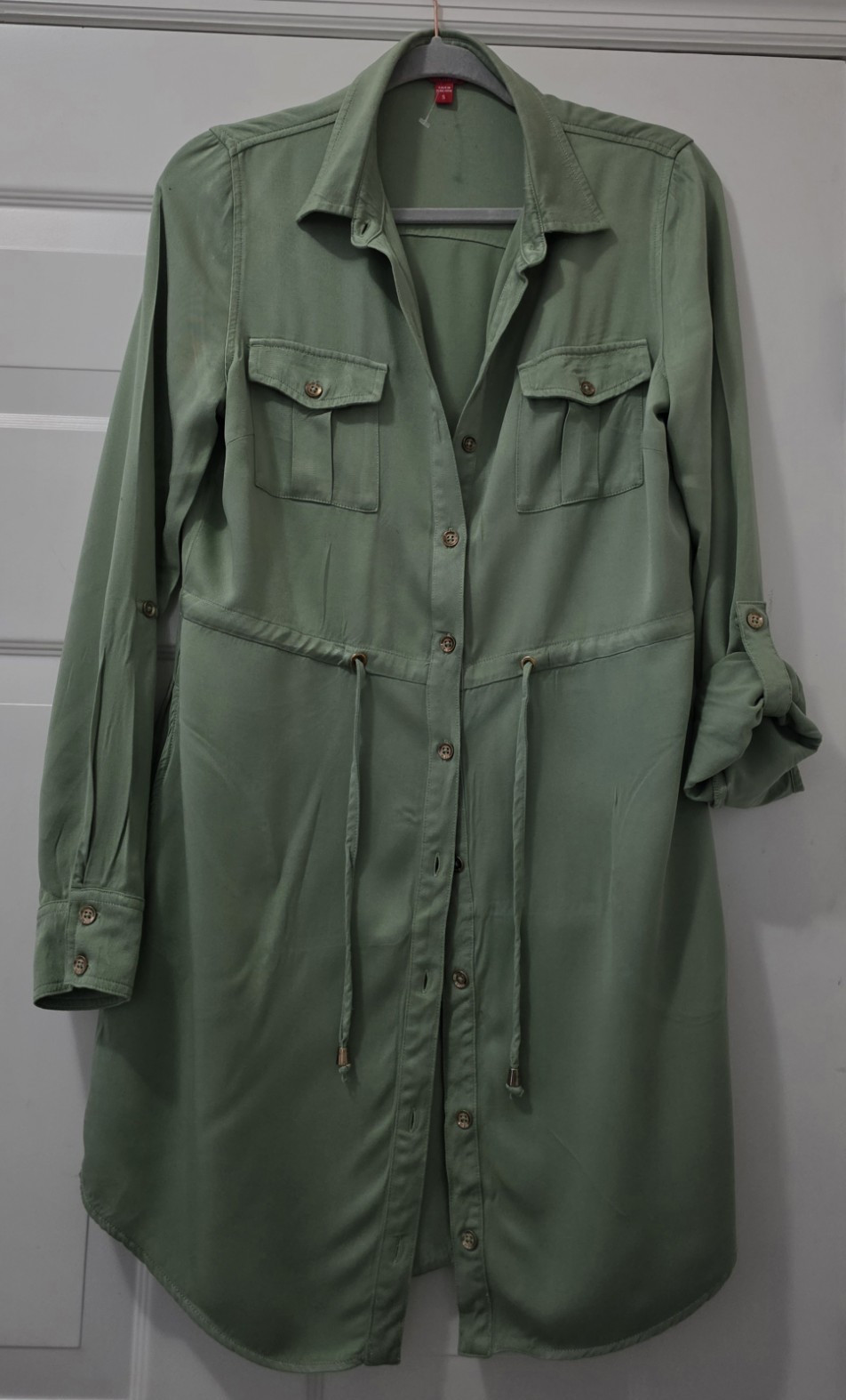 GUESS Green Solid Collared Button-Front Shirt Dress Pockets Long Sleeve, S