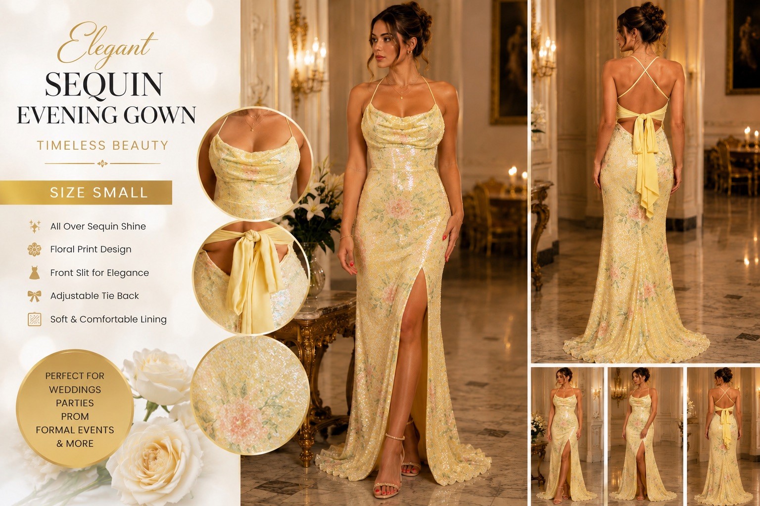 Windsor Brinley Bow Back Floral Sequin Column Gown S Yellow Formal Dress -NEW-